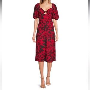 Floral Print Short Puff Sleeve Sweetheart Neck Knot Front Cut Out Midi Dress